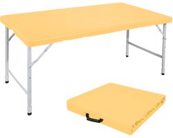 MODFU Buitentafel 125x61x58-74 cm van kunststof en ijzer, inklapbaar met draaggreep, geel