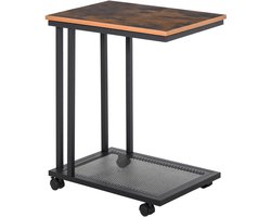 MODFU C-vorm Bijzettafel Rollend, Houten Blad en Metalen Frame, Zwart Walnoot, 51x36x65 cm, Voor Woonkamer & Keuken