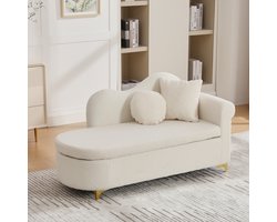 MODFU – Chaise Longue met Opbergruimte – Gebogen Rugleuning & Armleuning – Retro Design – Teddypluche Beige – 134x64x70 cm – Perfect voor Woonkamer of Leeshoek