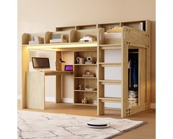 MODFU Complete Hoogslaper met Bureau & Kast (90x200) - Kinderbed incl. LED & Stopcontact - Naturel Hout