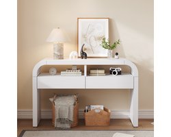 MODFU - Consoletafel - Met 2 Laden En Open Vakken - Scandinavisch - Voor Hal Of Woonkamer - MDF - Wit - 120 X 35,5 X 76,5 Cm