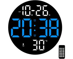 MODFU Digitale Wandklok met Alarm – Groot LED Display, Tijd & Datum, Temperatuurweergave, Stille Werking, USB-voeding, Afstandsbediening, 23x23x3.3 cm, Blauw, voor Slaapkamer & Woonkamer