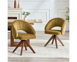 MODFU - Draaistoelen Set Van 2 - 360° Draaibaar - Retro - Eetkamer - Stof En Hout - Gembergeel - Walnootkleur