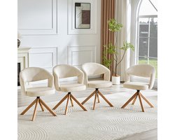 MODFU - Draaistoelen Set Van 2 - Verticale Ribstructuur - Retro - Voor Eetkamer - Ribstof En Hout - Crèmewit