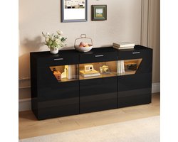 MODFU - Dressoir - 3 Deuren - Glasfront - Ledverlichting - Hoogglans - Zwart - 160 Cm