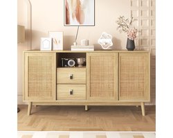 MODFU - Dressoir - 3 Schuifdeuren - Echt Rattan - 2 Lades - Houtkleur - 155 X 38 X 80 Cm