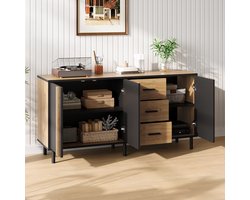 MODFU - Dressoir Met 3 Deuren En 3 Lades - MDF - Zwart En Houtkleur - 140x35x70 Cm