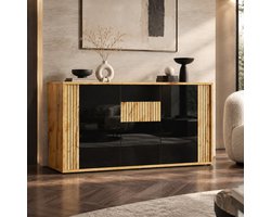 MODFU Dressoir Met 3 Deuren En 6 Vakken - Modern - Zwart En Houtkleur - 140x35x71 Cm