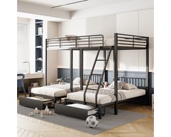 MODFU Drievoudig stapelbed – 140x200 cm + 2x 90x200 cm – met lades – ombouwbaar naar losse bedden – zwart – ultieme gezinsoplossing