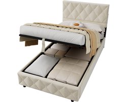 MODFU Eenpersoonsbed 90x190 cm – 194x91x(100-110) cm – Gestoffeerd beige met zacht hoofdbord – Hoog frame met opbergruimte – Fluweel