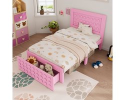 MODFU Eenpersoonsbed 90x200 cm – Blokdesign met opberglade & 26 cm opbergruimte – Roze – MDF/massief hout – Kindermeubel