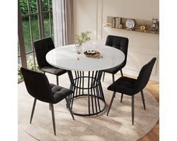 MODFU - Eetkamerset - Modern - Rond - 100 cm - Eettafel set met 4 fluwelen stoelen - Compact en stevig - Voor keuken of eetkamer - MDF met marmerlook