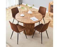 MODFU - Eetkamerset - Ronde Tafel Met Stoelen - Scandinavisch - Eetkamer - MDF Metaal En Stof - Bruin Zwart Houtlook - 100 Cm