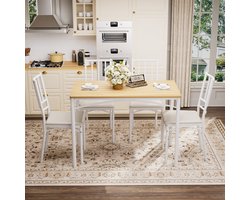 MODFU Eetkamerset voor 4 personen – 110x60 cm – Ruimtebesparend industrieel design met comfortabele PU zittingen – Eettafel met stoelen voor keuken en eetkamer – Spaanplaat & staal – Naturel en wit