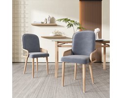 MODFU Eetkamerstoel set van 2, gestoffeerd met fluweel, rotan-design, metalen poten met houtnerf-effect, grijs