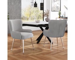 MODFU Eetkamerstoel set van 2, gestoffeerd velours, metalen poten, met armleuningen, verstelbare voetjes, grijs/zilver