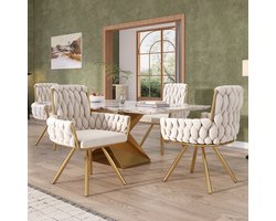 MODFU Eetkamerstoel Set Van 4 - Draaibaar Met Armleuningen - Modern Minimalistisch - Metaal - Beige
