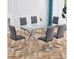 MODFU Eetkamerstoel set van 4, gestoffeerd met kunstleer, verchroomd metalen frame, meeveerende rugleuning, grijs