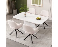 MODFU Eetkamerstoel set van 4, Sherpa-stof wit, draaibaar met metalen mechanisme, met armleuningen, massief houten poten