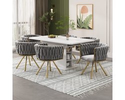 MODFU Eetkamerstoel set van 6, gestoffeerd fluweel, 360° draaibaar, stalen vierpoot, modern design, grijs/goud