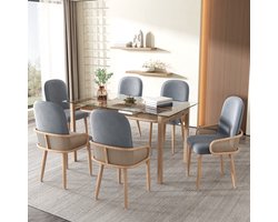 MODFU Eetkamerstoel set van 6, gestoffeerd fluweel, PE-rotan design, moderne look, metalen poten met houtnerf, grijs