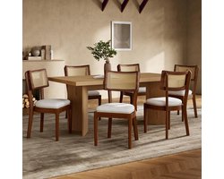 MODFU Eetkamerstoel set van 6, massief hout frame, rattan rugleuning, linnen kussen, walnoot, modern