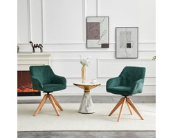 MODFU Eetkamerstoelen set van 2 - 360° draaibaar met armleuningen - Retro design - Eetkamer of woonkamer - Fluweel en massief hout - Donkergroen - 56×44×84 cm
