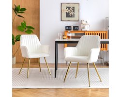 MODFU - Eetkamerstoelen Set Van 2 - Stoffen Stoel Met Armleuningen En Afneembaar Zitkussen - Modern - Beige