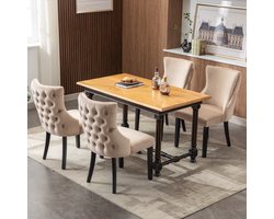 MODFU Eetkamerstoelen set van 4 – Fluweel beige met massief houten poten – Gestoffeerde zitting & ergonomische rugleuning – Stevige stoelen voor eetkamer & keuken – 150 kg draagvermogen