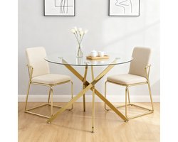 MODFU - Eettafel - Gehard Glazen Blad - Kruispoot - Minimalistisch - Eetkamer - Glas En Metaal - Goud