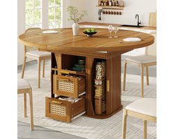 MODFU Eettafel - Uitschuifbaar Met Opbergruimte En Lades - Modern - MDF En Metaal - Eiken