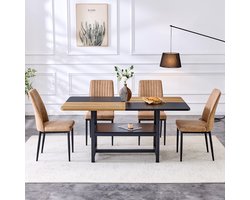 MODFU - Eettafelset - Met Opbergplank - Modern - Voor Eetkamer En Keuken - MDF, Metaal En Stof - Bruin En Zwart - 160 Cm