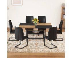 MODFU - Eettafelset Met Opbergrek En 6 Stoelen - Modern - MDF, Metaal En Kunstleer - Zwart En Houtkleur - 160 Cm