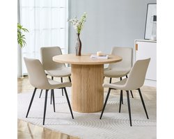 MODFU - Eettafelset - Ronde Tafel Met 4 Stoelen - Ergonomische Rugleuning - Scandinavisch - MDF, Metaal En PU - Zwart, Naturel En Warmgrijs