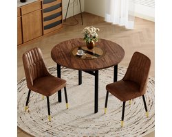 MODFU - Eettafelset - Ronde Tafel Met Glasplaat En Glasplank - Minimalistisch - Voor Eetkamer Of Open Keuken - MDF En Metaal - Bruin Zwart - 100 Cm
