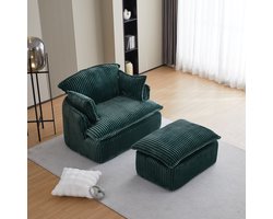 MODFU - Fauteuil Met Hocker - Compact Uitvouwbaar - Modern Retro - Voor Woonkamer - Flanelstof - Groen