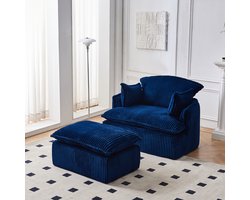 MODFU - Fauteuil Met Hocker - Gecomprimeerd Ontwerp - Modern Vintage - Voor Woonkamer - Flanel - Blauw