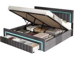 MODFU Fluweel Bed 180x200 cm – Donkergrijs upholstered bed met LED-verlichting, lades & verstelbaar licht – Modern design – Metaal & hout