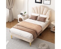 MODFU Fluwelen polsterbed 90x200 cm – Beige – Schelpvormig verstelbaar hoofdeinde – Gouden poten