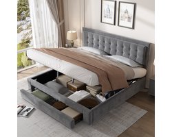MODFU Fluwelen Polsterbed met Grote Opbergruimte en Lades • Verstelbaar Hoofdbord 180x200 Grijs