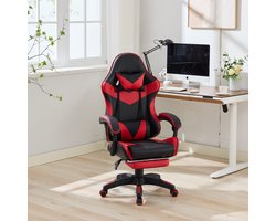 MODFU - Gamingstoel - Ergonomisch Met Voetsteun En Lendenkussen - Racestijl - Voor Kantoor En Gaming - PVC - Zwart En Rood