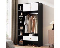 MODFU - Garderobeset - Met 6 Open Vakken En Lade - Modern - Voor Hal - Spaanplaat - Wit En Zwart - 105 X 185 X 40 Cm