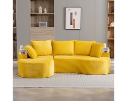 MODFU Gebogen Bank - Met Bekerhouders En Opbergvakken - Modern - Voor Woonkamer - Cordstof - Mosterdgeel - 250 x 152 x 82 cm