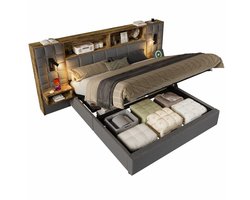 MODFU Gestoffeerd Bed 160 X 200 - Met Opbergruimte, Led-Verlichting En Nachtkastjes - Vintage - Linnen - Grijs