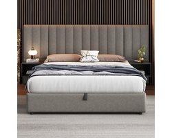 MODFU Gestoffeerd bed 160x200 hydraulisch opbergruimte, lattenbodem, 2 nachtkastjes, grijs-zwart linnen