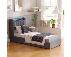 MODFU Gestoffeerd bed 90x200 cm – fluweel donkergrijs – met LED, USB en hydraulische opbergruimte – modern design