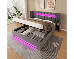 MODFU Gestoffeerd Bed - Breed Hoofdbord, Usb-Aansluitingen En Opbergkasten - Modern - Fluweel - Donkergrijs - 180 X 200 Cm