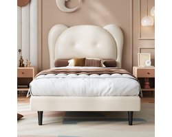 MODFU Gestoffeerd eenpersoonsbed 90x200 cm PU beige met dierlijk hoofdbord, stevige lattenbodem en metalen frameverbinding