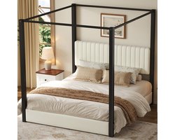 MODFU Gestoffeerd Hemelbed - Met Hoofdbord - Modern - Voor Slaapkamer Of Logeerkamer - MDF En Metaal - Beige En Zwart - 180 X 200 Cm