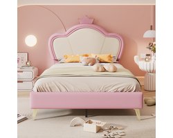 MODFU Gestoffeerd kinderbed 90x200 cm PU roze/wit met gewatteerd hoofdbord, zachte afgeronde hoeken en metalen poten